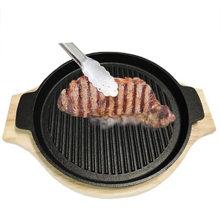 Chảo gang 22cm,24cm chống dính Nướng BBQ làm bò Bít Tết ,bánh mì chảo ,kèm đế lót gỗ sang trọng