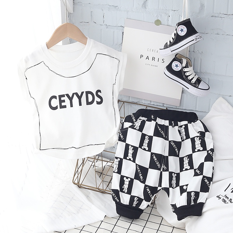 Bộ Áo Tay Ngắn In Chữ + Quần Short Vải Cotton In Họa Tiết Gấu Hoạt Hình Thời Trang Mùa Hè Cho Bé Kích Thước 80-120cm