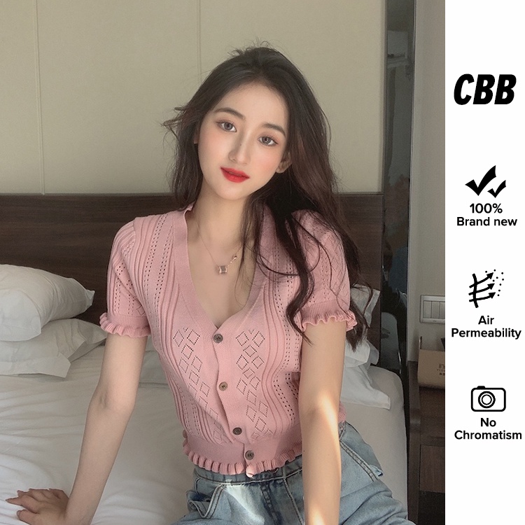 Porozi  Áo Thun Dệt Kim Mỏng Tay Ngắn Cổ Chữ V 7 Màu Thời Trang Hàn Quốc Dành Cho Nữ