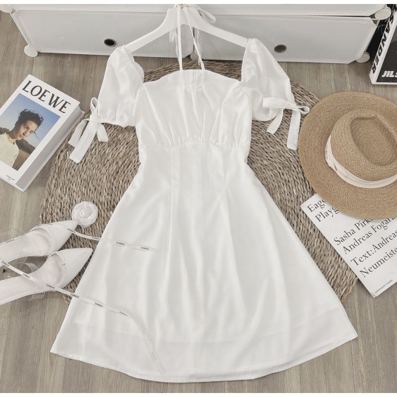 VÁY CỔ YẾM TAY NƠ SIÊU HOT 2 MÀU XANH MINT - TRẮNG