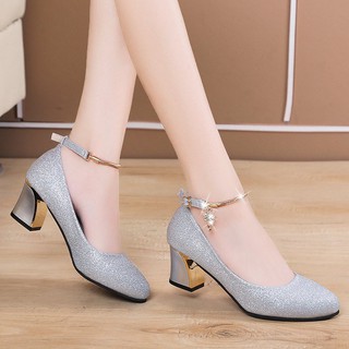 ♪(^∀^●Giày Cao Gót 5cm Mũi Tròn Màu Bạc Thời Trang Hàn Quốc Cho Nữ