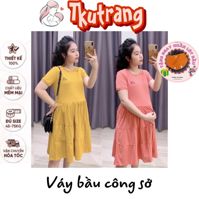 Váy bầu cotton mùa hè, dáng xòe tầng cho mẹ bầu, thêu họa tiết nốt nhạc