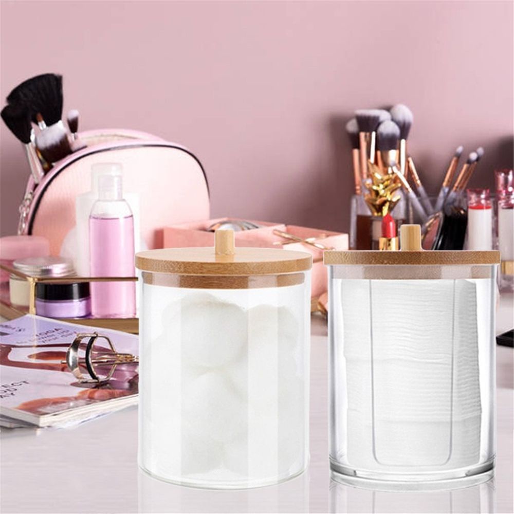 Hộp đựng tăm bông trang điểm bằng acrylic trong suốt có nắp tre chống bụi đa năng