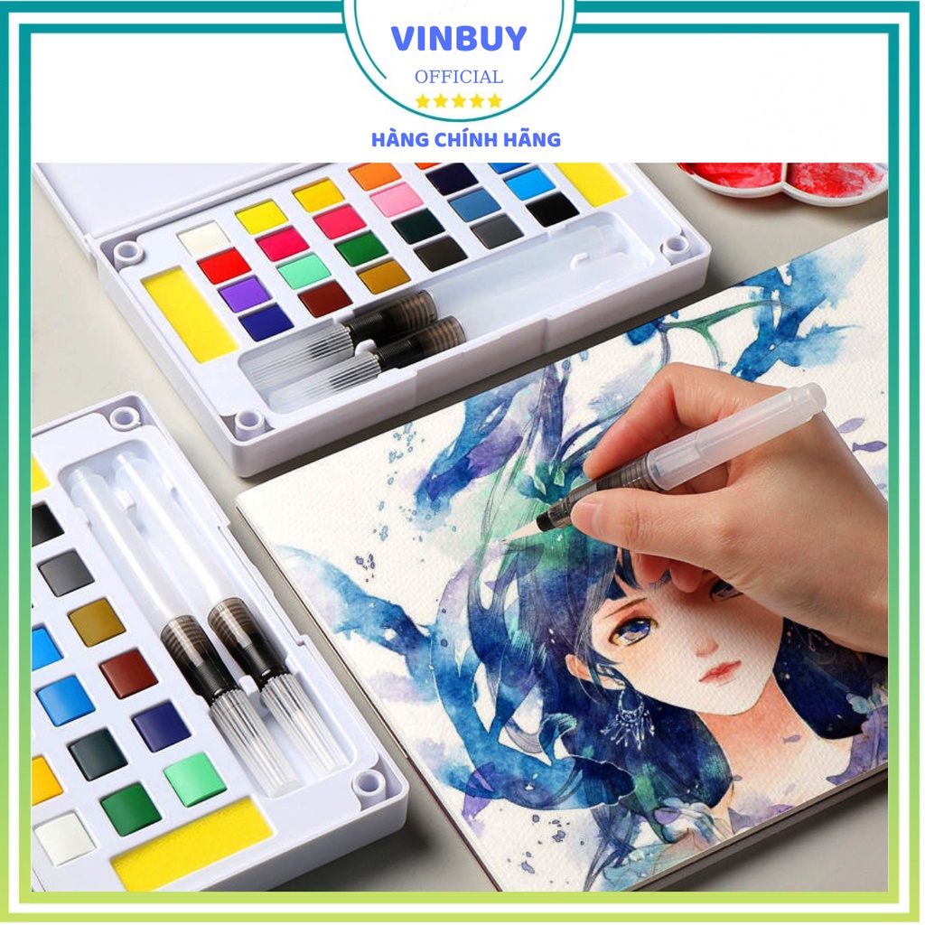 Màu nước dạng nén Solid Water Color, Tặng 2 cọ vẽ màu nước, 2 Mút, 1 Palette - Bộ 12/18/24/36 màu cao cấp - VinBuy