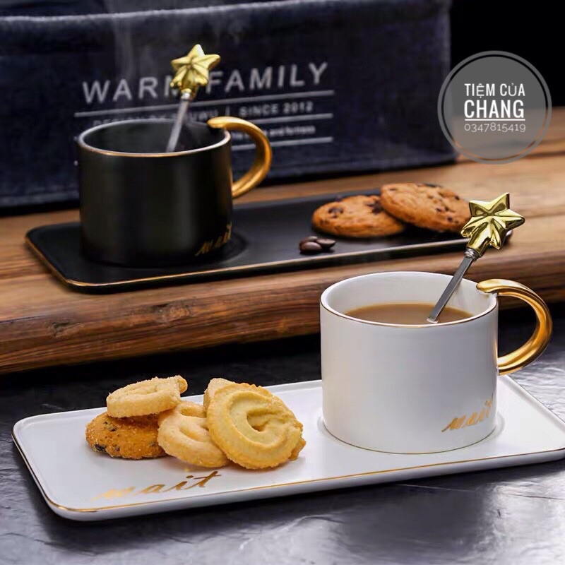 Bộ tách trà Cafe kèm đĩa lót chữ nhật bằng sứ kiểu Bắc Âu, order 3 tuần