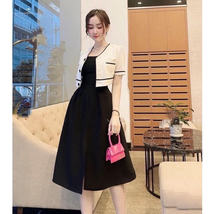 Sét váy 2 món váy 2 dây cúp xoè xinh kèm áo tiểu thư