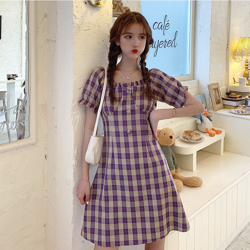 Đầm Nữ Tay Ngắn Cổ Vuông Họa Tiết Caro Thời Trang | BigBuy360 - bigbuy360.vn