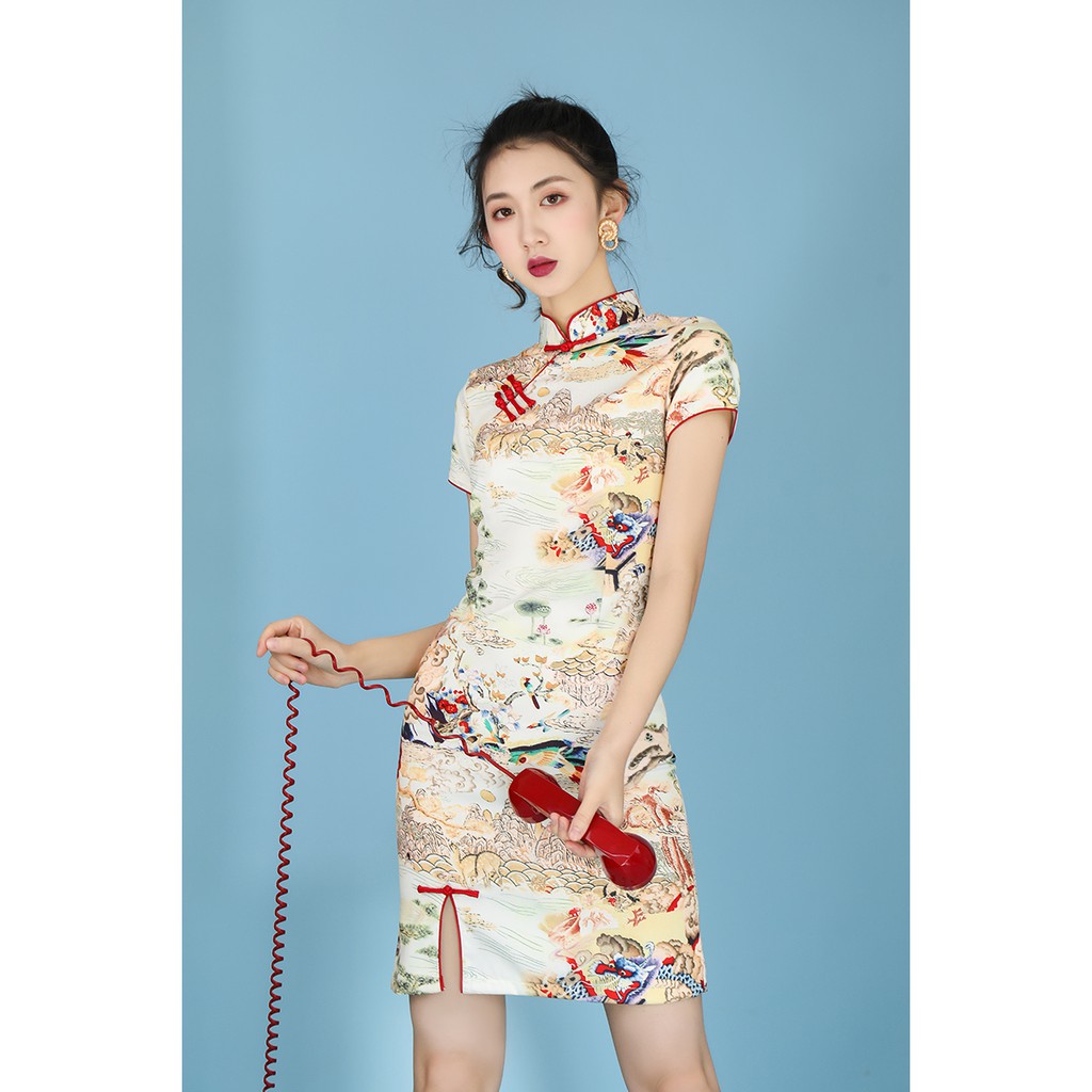 (Sẵn M) Sườn xám in hoạ tiết Trung Hoa (ảnh thật) | BigBuy360 - bigbuy360.vn