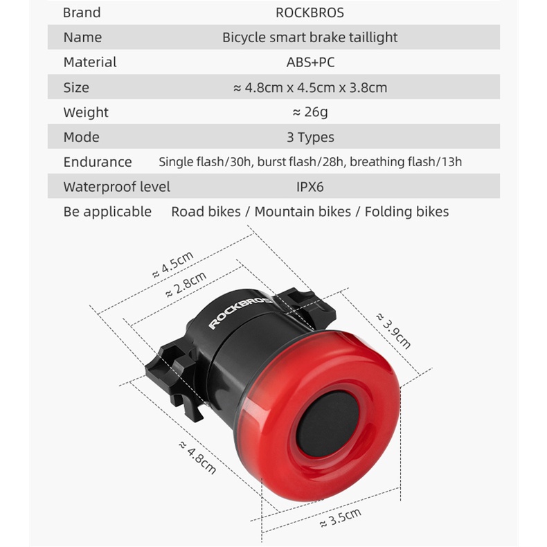 Rockbros Đèn LED Phanh Xe Thông Minh Chống Thấm Nước Kèm Sạc Tiện Dụng Dành Cho Xe Đạp