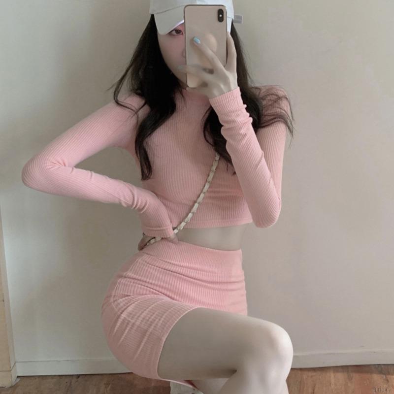 Set áo thun tay dài + chân váy màu trơn gợi cảm dành cho phái đẹp