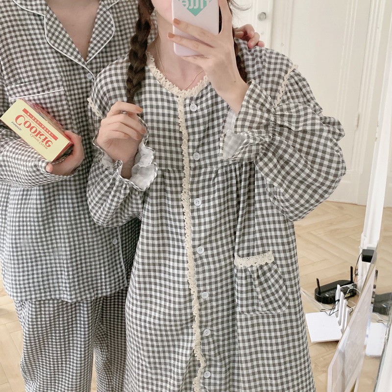 Đồ ngủ couple, váy ulzzang/ pijama nam sọc caro