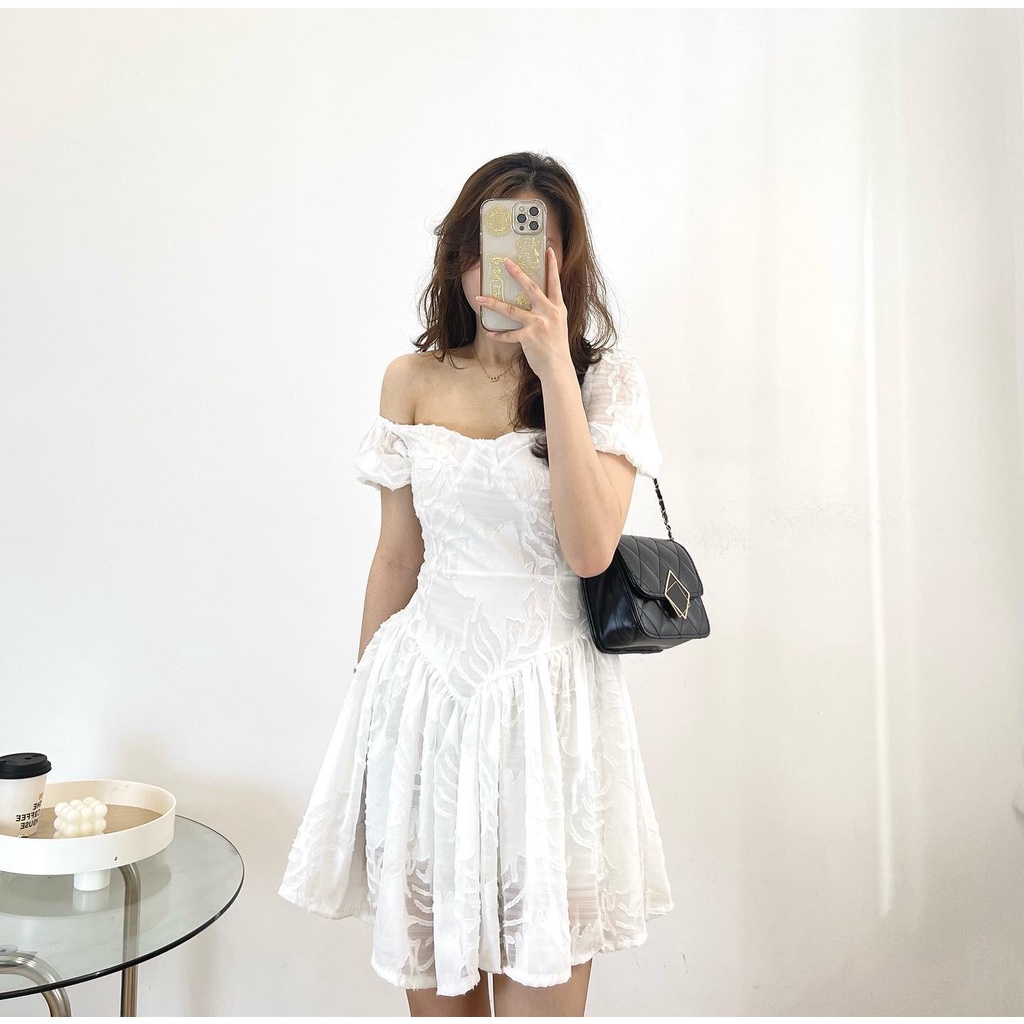 Đầm trễ vai trắng họa tiết hoa thời trang nữ Miho house