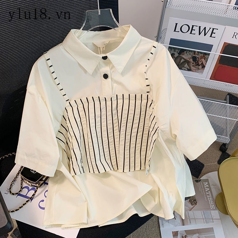 Áo Sơ Mi Giả Hai Lớp Cổ Polo Dáng Rộng Kẻ Sọc Phong Cách Hàn Quốc Thời Trang Mùa Hè Hàng Mới Dành Cho Nữ