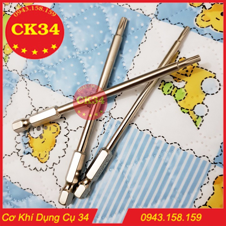 Mũi vít hoa thị có lỗ. Lục giác bông 3 pc cho khoan bắn vít T10, T15, T20 dài 100mm hãng BROPPE