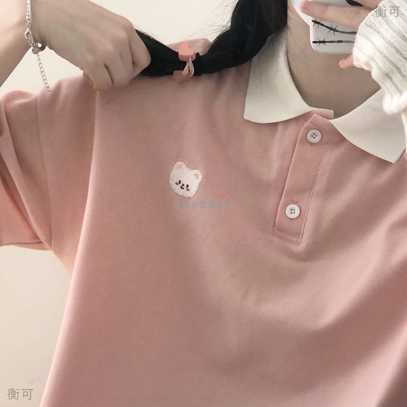 Áo polo Tay Ngắn Dáng Rộng Thêu Hình Gấu Dễ Thương Thời Trang Mùa Hè Cho Nữ