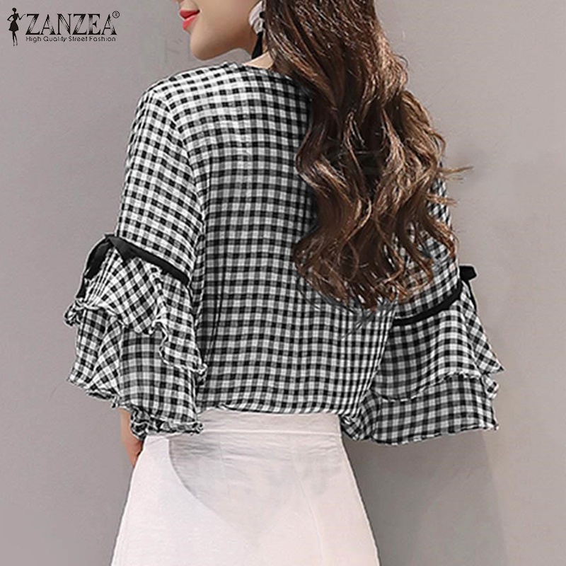 Áo sơ mi ZANZEA tay dài họa tiết caro thời trang dành cho nữ
