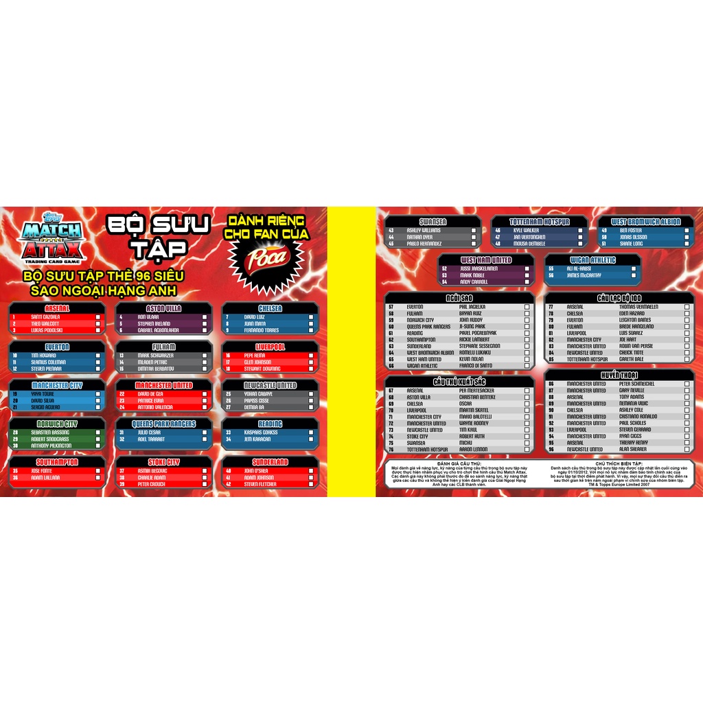 Bộ Sưu Tập 96 Thẻ Cầu Thủ In Album Match Attax 2012-13