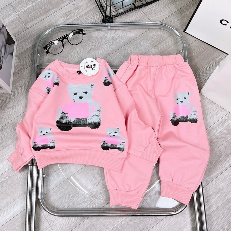Đồ bộ bé gái, Set quần áo dài tay thun nỉ hình gấu dễ thương gồm áo sweater và quần jogger cho bé từ 7-18 kg, DUCK399