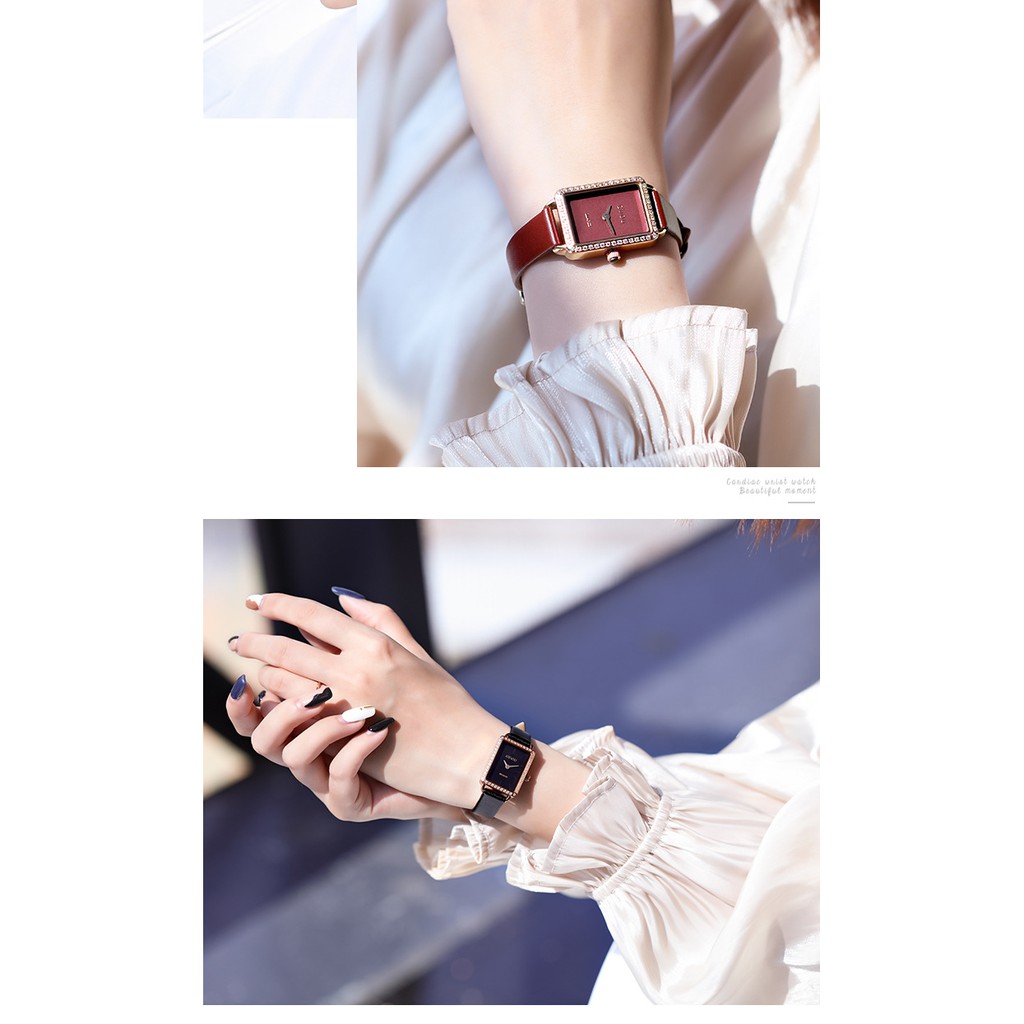 Đồng hồ nữ đeo tay dây da Guou mặt vuông đính đá chính hãng chống nước tuyệt đối 6635 | BigBuy360 - bigbuy360.vn