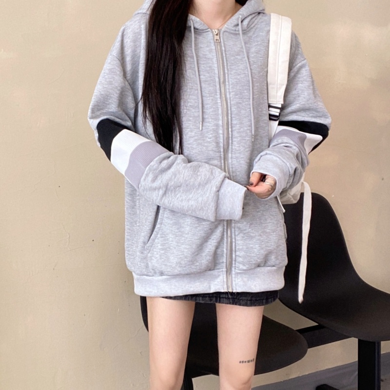 ZHELIHANGFEI Áo Khoác Tay Dài Có Nón Khóa Kéo Phong Cách Preppy Dễ Phối Đồ