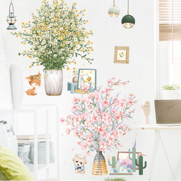 Decal trang trí tường - Bình hoa hồng và cúc trắng nhỏ