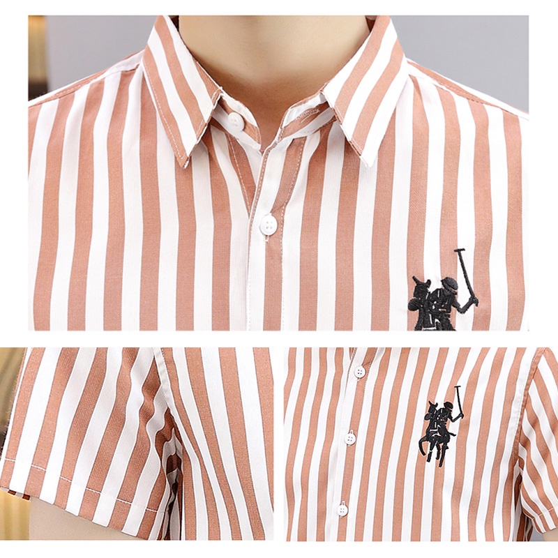 Áo Sơ Mi Cotton Tay Ngắn Dáng Ôm Thêu Họa Tiết Kẻ Sọc Thời Trang Mùa Hè Hàn Quốc Cho Nam 2022