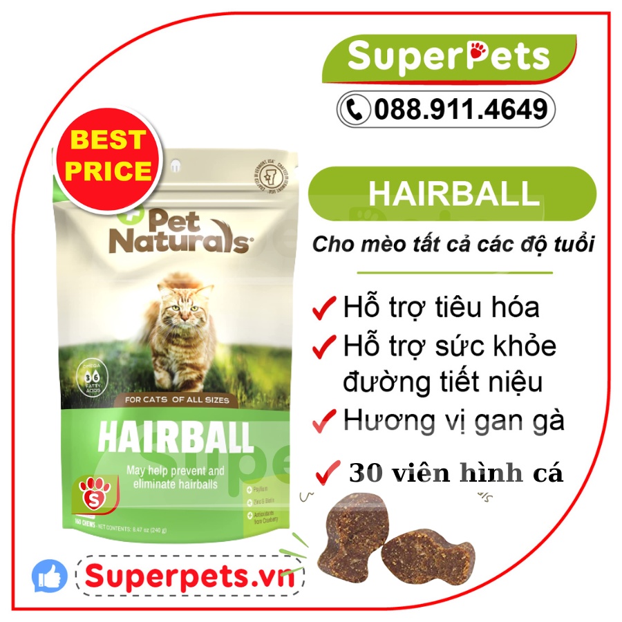 Viên nhai Pet Naturals Of Vermont Hairball Hổ Trợ Búi Lông Cho Mèo 30 viên Nhập Mĩ