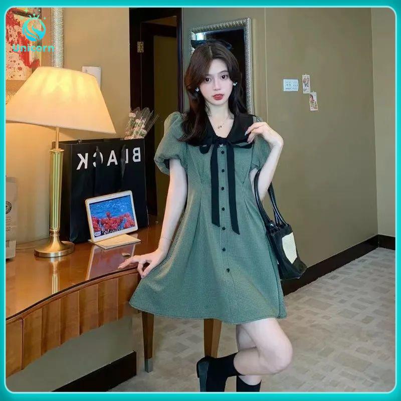 Váy babydoll tay phông Đầm Tay Phồng Cổ Búp Bê Họa Tiết Sọc Caro Phong Cách Pháp Thời Trang Cho Nữ