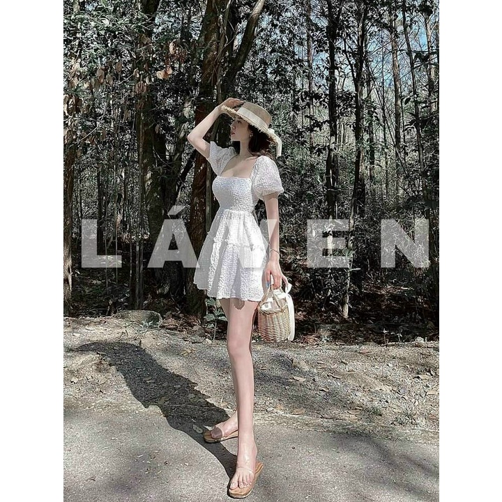 Đầm xòe cổ vuông đi tiệc sang chảnh, váy xòe công chúa tay ngắn cột dây lưng | BigBuy360 - bigbuy360.vn