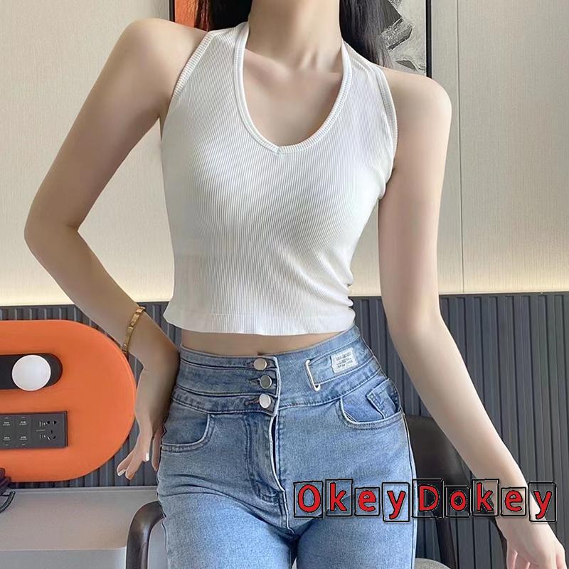 Áo Cổ Yếm Không Tay Hở Lưng Ôm Dáng Màu Trơn Thời Trang Mùa Hè Cho Nữ