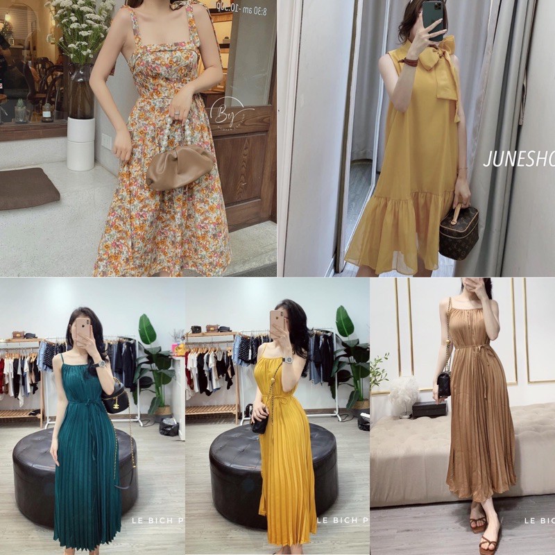 Váy hoa hai dây váy dập ly váy nơ đuôi cá đi biển dạo phố