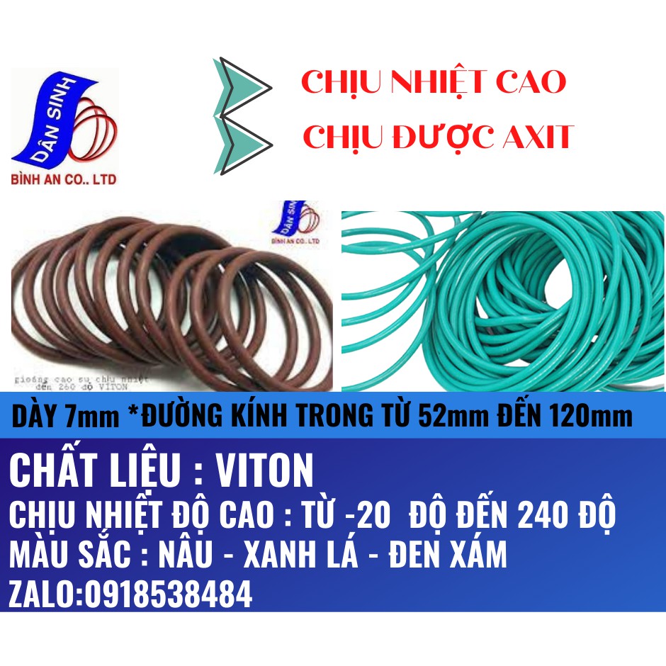 Dày 7mm * (52mm đến 120mm Đường kính trong) Gioăng VITON/FKM chịu nhiệt cao