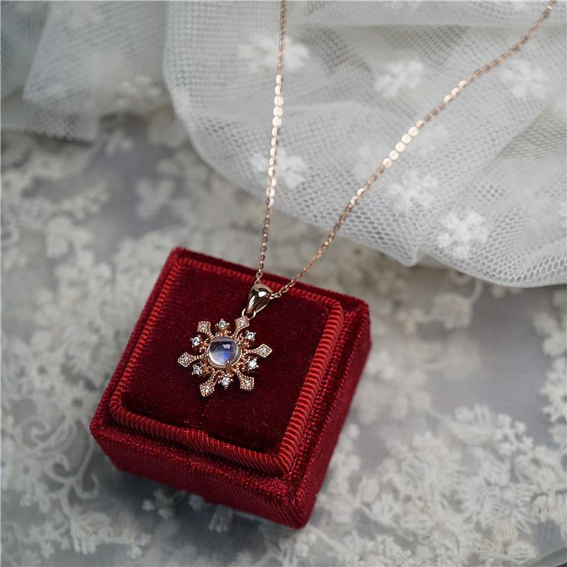 "Ocean Princess" BY-2021 Natural Moonstone Snowflake Necklace with Diamond Snowflakes S925 Silver Clavicle Chain Female