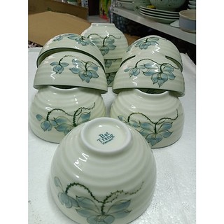 Bộ 10 bát ăn cơm men kem vẽ sen xanh Bát Tràng