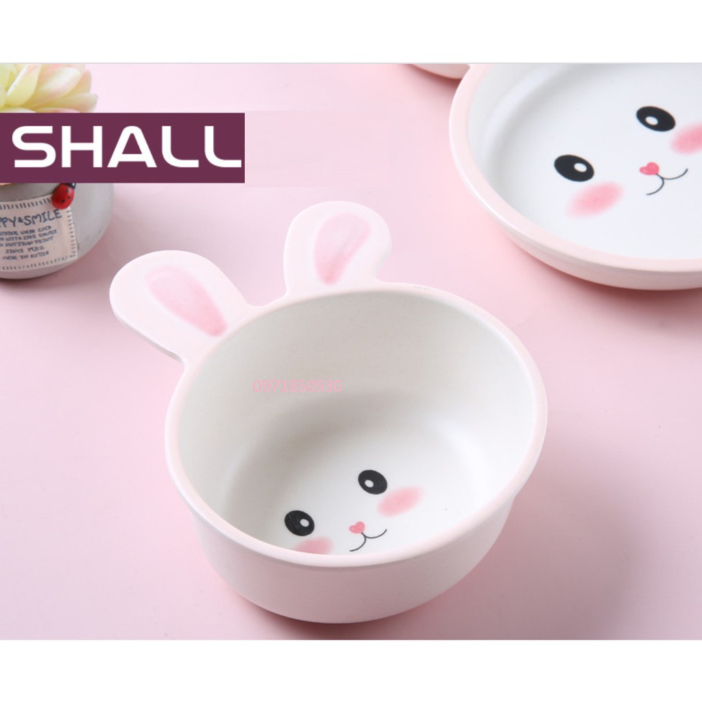 Set 5 món Khay, Bát, Cốc, Thìa, Dĩa ăn dặm hình thỏ hồng hữu cơ tự nhiên SHALL