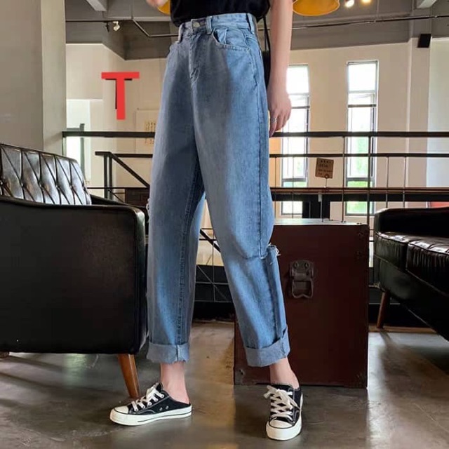 Quần bagy jeans rách lệch hai bên cạnh TT12