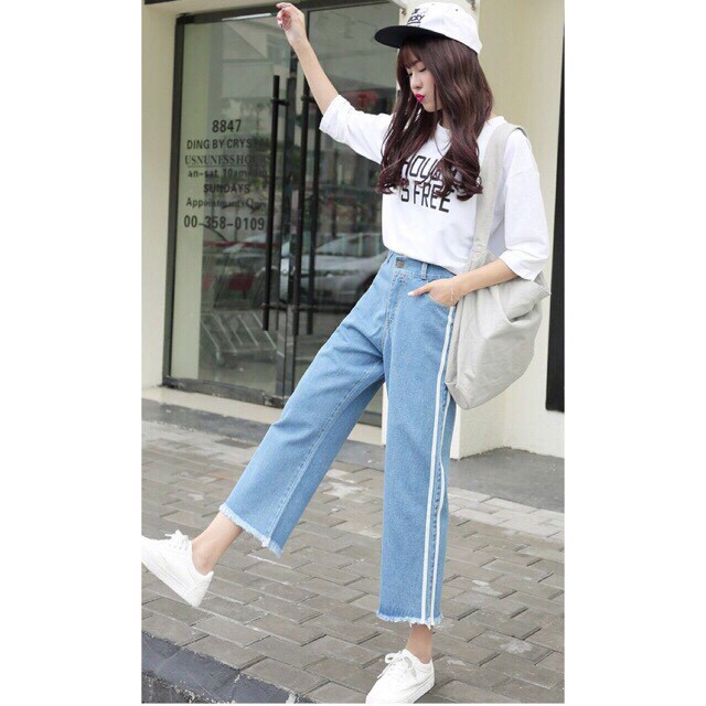 Quần Jeans Nữ Ống Rộng Phối Sọc Cao Cấp OHS3042 | WebRaoVat - webraovat.net.vn