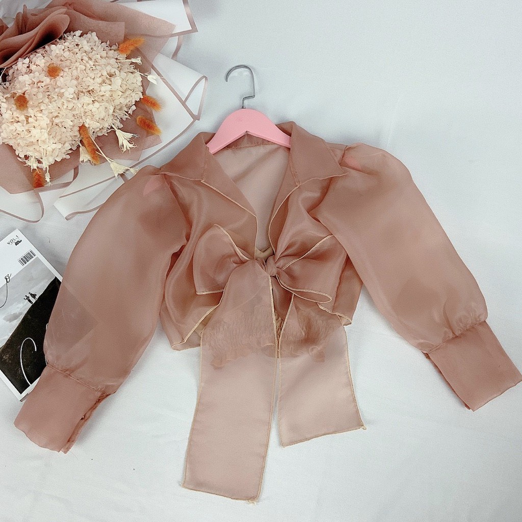 Áo kiểu voan kiếng cột nơ ngực xinh tay phồng lửng dễ thương, đủ màu hình thật