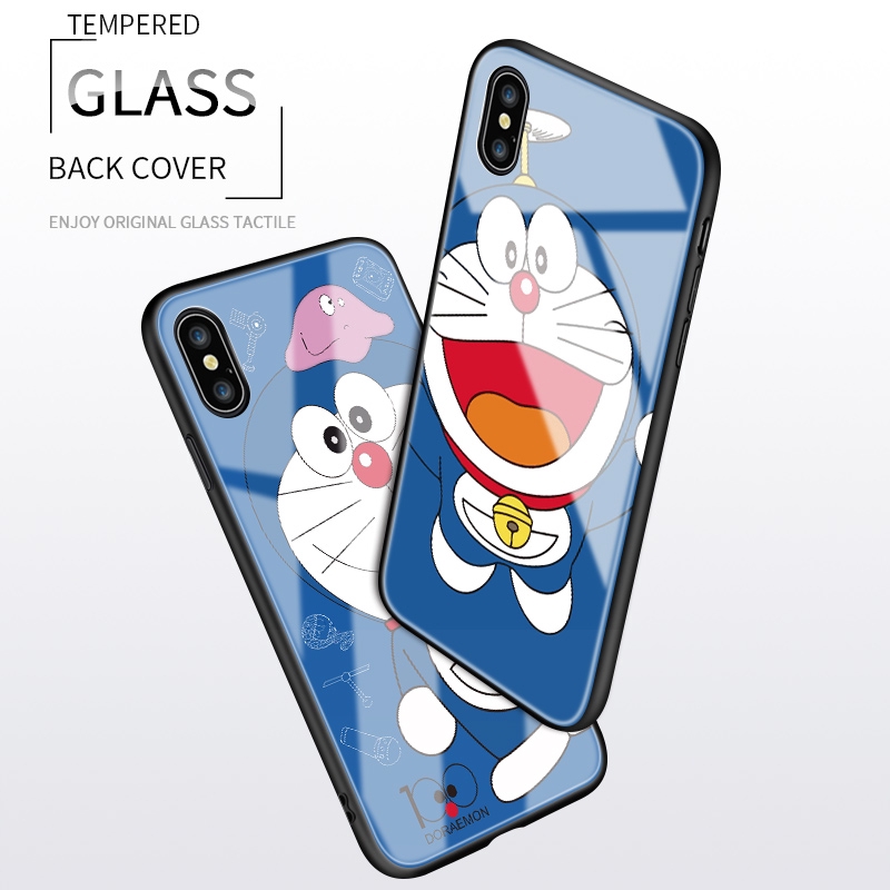 Ốp điện thoại kính cường lực cứng bóng in hình Doraemon cho Samsung Galaxy S7 S7 Edge S8 S9 Plus S10 Plus S10E S10 Lite