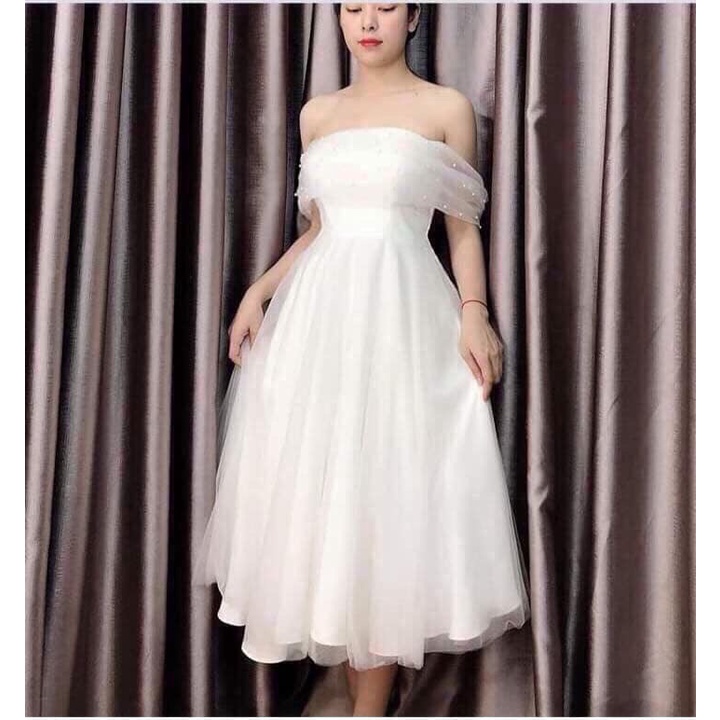 Đầm trắng công chúa dự tiệc trễ vai dáng xòe phối lưới xinh đẹp sang trọng dễ thương XUKA DRESS(kèm hình thật)