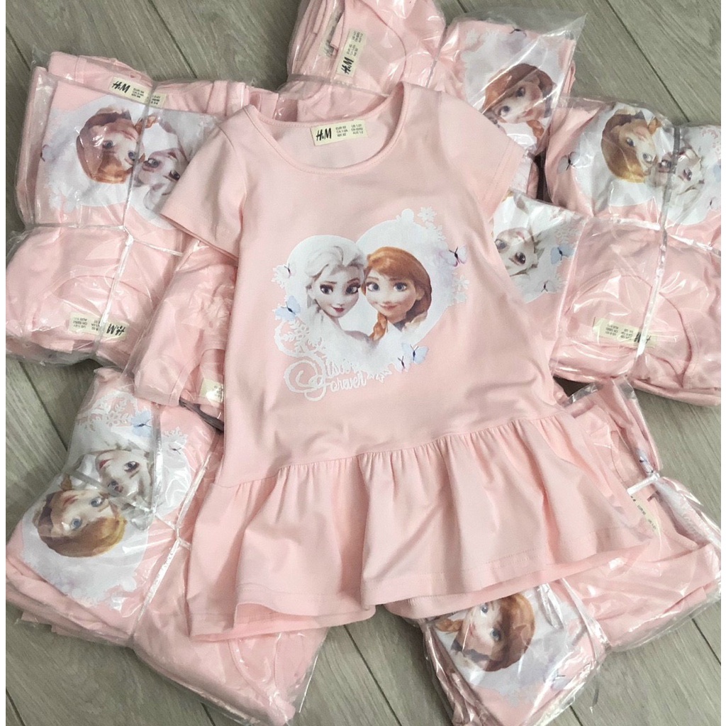 Váy đầm bé gái - Váy cộc tay Elsa hồng HM chất cotton mềm cho bé gái size 2-10 tuổi
