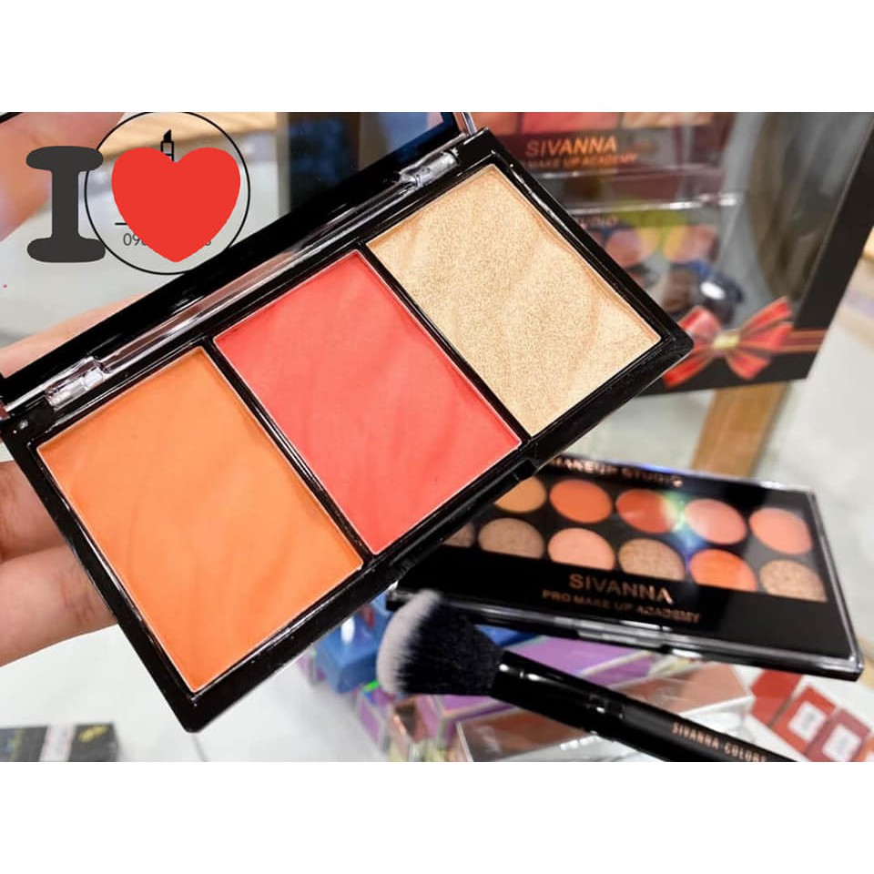 Set phấn mắt + má hồng + highlight Sivanna Colors Ultimate Essentials + cọ phấn.Cầm trên tay phê luôn rùi. Giá chỉ: 195k