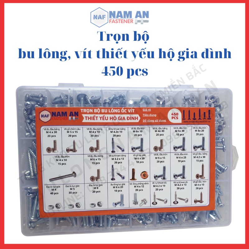 Hộp bu lông ốc vít M3, M4, M5, M6 | 1.123 gam, 450 cái, trọn bộ bulong, vít thiết yếu cho hộ gia đình