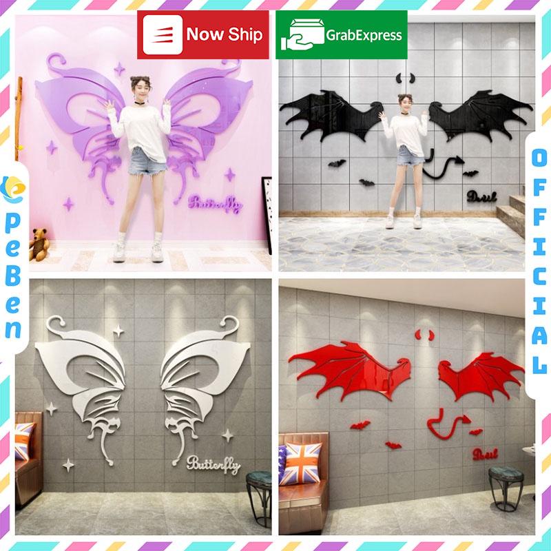 Tranh dán tường mica 3d decor khổ lớn đôi cánh ác quỷ devil cánh bướm Nhiều Size - EPeBen