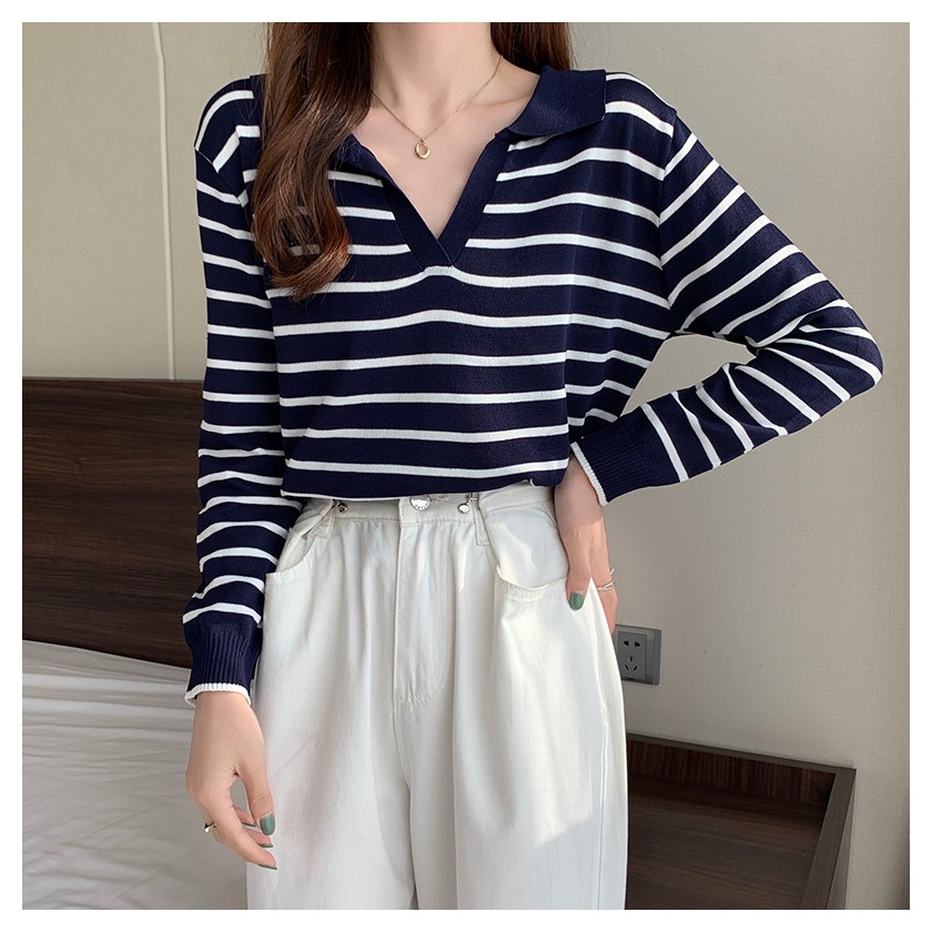 Áo len nữ cổ chữ V dài tay kẻ ngang phong cách Hàn Quốc đẹp | BigBuy360 - bigbuy360.vn