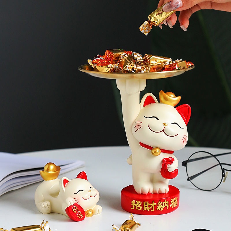 Tượng Mèo thần tài bồi bàn để bàn dáng bearbrick kèm khay