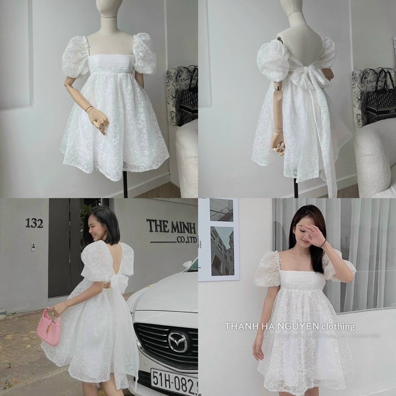 ĐẦM TRẮNG HOA NỔI CỔ VUÔNG LY NGỰC NƠ LƯNG