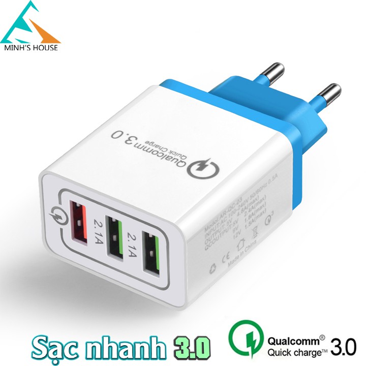 Combo củ sạc nhanh Qualcomm 3 cổng và dây cáp dù  Type C, Iphone, MicroUSB siêu bền 2m