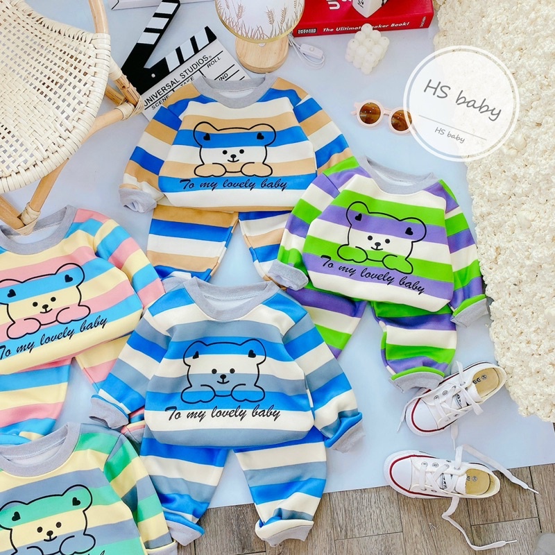 Bộ gấu kẻ cầu vồng nỉ bông cho bé 4-14kg