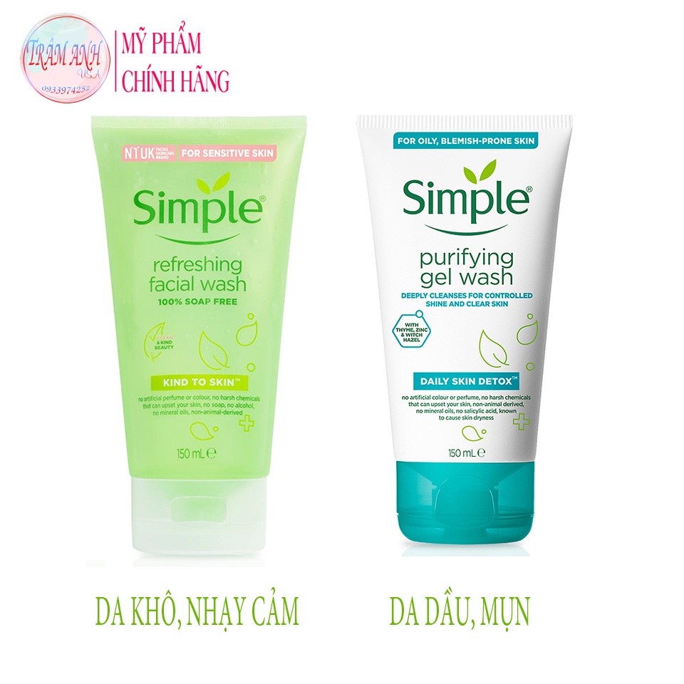 Sữa Rửa Mặt Simple Kiềm Dầu, Ngừa Mụn Cho Da Mụn 150ml